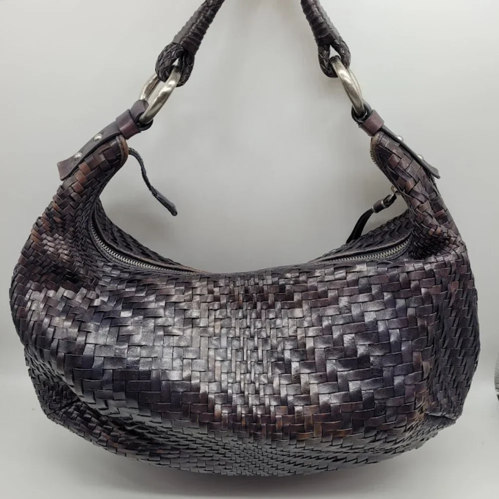 SOLD: Cole Haan Genevieve Leather Weave Satchel Tote Hobo Purse Blue Bag Luxury - Picture 1 of 16